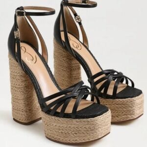 Sam Edelman Kade Platform Heels Woman 8 Black Leather Espadrille Sandals Pumps